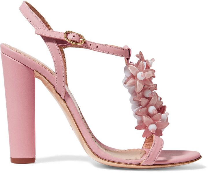 REDValentino Embellished leather sandals | #Chic Only #Glamour Always Yellow Heeled Sandals, Rooftop Brunch, 3d Flower Applique, Beaded Leather Sandals, Cute High Heels, Ankle Tie Sandals, Floral Heels, Beaded Sandals, Pink Sandals