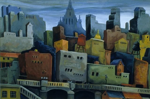 a painting of a cityscape with lots of buildings