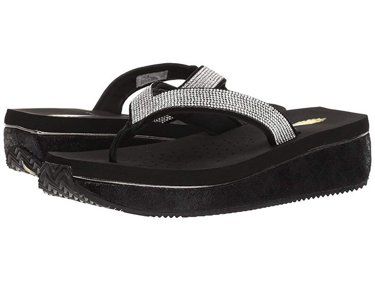 VOLATILE Zarina (Black) Women's Sandals. Stroll the boardwalk in style with these Volatile Zarina wedge sandals. Thong sandals with synthetic upper boasting crystal detailing. Single toe post. Easy slip-on wear. Synthetic lining. Fixed  cushioned footbed. Comfortable wedge and platform. Textured synthetic outsole. Imported. Measurements: Heel Height: 1 3 4 in Weight: 7 oz Platform Height: 1 in Product measurements were taken u #VOLATILE #Shoes #OpenFootwear #CasualSandal #Black Volatile Shoes, Comfortable Wedges, Comfortable Sandals, Casual Sandals, Thong Sandals, Sneakers Boots, Free Clothes, Women's Sandals, Platform Sandals