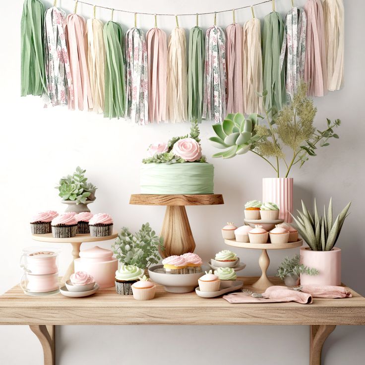 a table topped with cupcakes and cakes covered in frosting next to plants