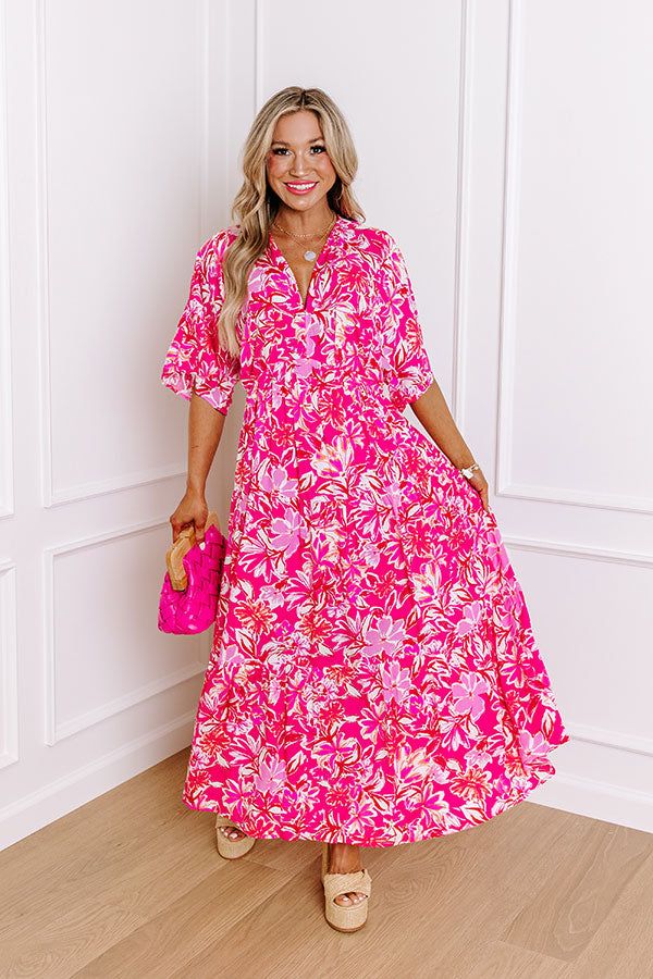 - Your style will blossom like a wildflower with this breezy dress! - Lightweight material with a pink hued floral print - A built-in partial skirt lining ending thigh length - A v-cut neckline with two hidden hook and eyes for additional coverage - Loose short sleeves - A cinched waistline with an elastic back - A flowy yet flattering silhouette that ends in a straight maxi length hemline Measurements S : Bust 34", Hip 36", Length 52", Sleeve Length 16", Waist 26-30". M : Bust 36", Hip 38", Len Skirt Lining, Breezy Dress, Loose Shorts, V Cut, V Cuts, Floral Maxi, In Hot, Wild Flowers, Hot Pink