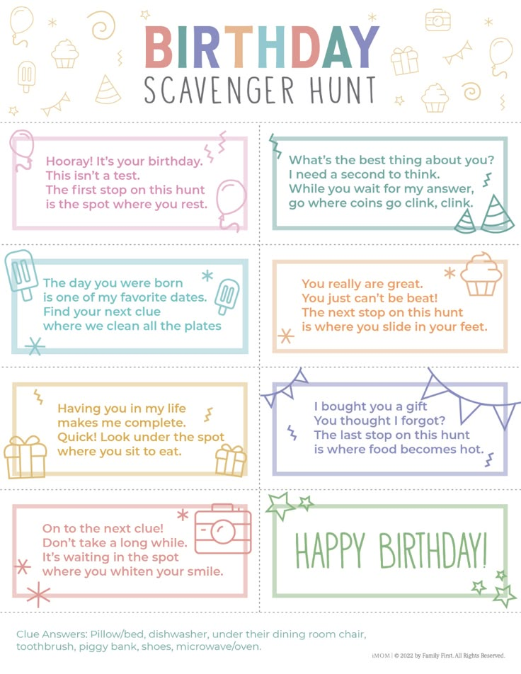 the birthday scavenger hunt for kids is shown in this printable activity sheet