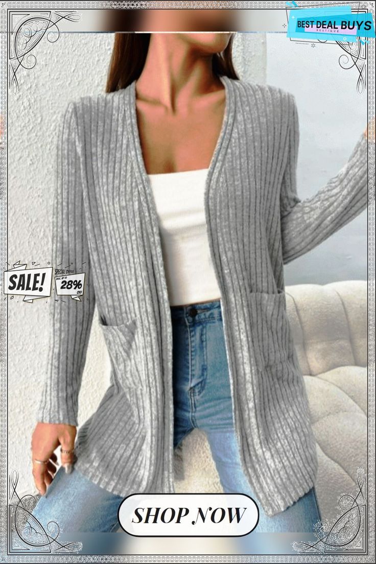 Knitted Plain Casual Other Coat Fitted Textured Knit V-neck Outerwear, Fitted Winter Cardigan With Pockets, Spring Workwear Knitted Sweater Coat, Casual Long Sleeve Ribbed Sweater Coat, Ribbed Knit Loungewear Outerwear, Ribbed Knit Outerwear For Loungewear, Casual Ribbed Cardigan For Work, Gray Long Sleeve Cardigan With Pockets, Elegant Ribbed Outerwear For Spring