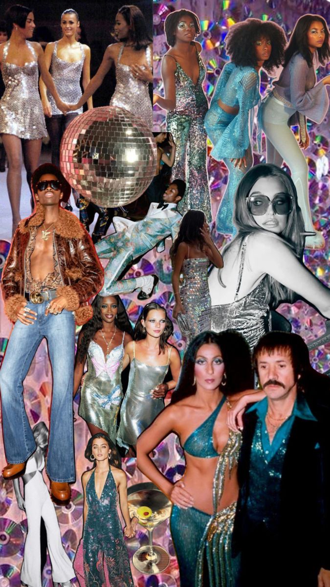 a collage of people dressed in disco outfits