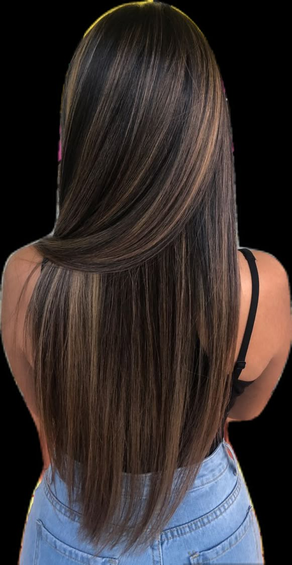 Brunette Balayage Haircut, Hair Inspo Caramel Highlights, Caramel Highlights For Brunettes, Straight Hair With Brown Highlights, Hair Color Ideas For Morenitas, Hair Inspo Brown With Highlights, Caramel Blonde Highlights On Black Hair, Different Highlights For Hair Dark Brown, Brunette And Caramel Hair