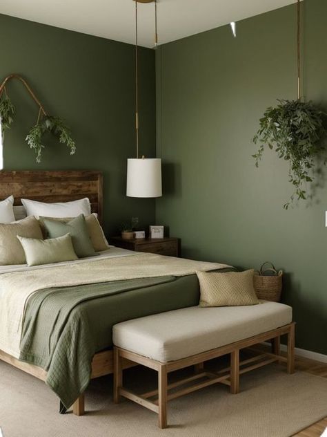 a bedroom with green walls and a bed in the middle, two plants on the wall