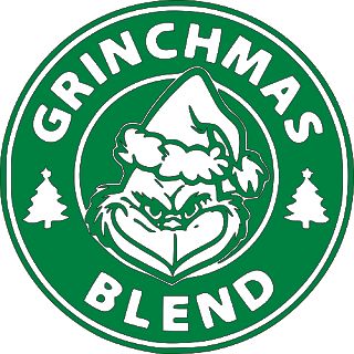 the grinmas blend logo is green and white with an image of santa claus on it