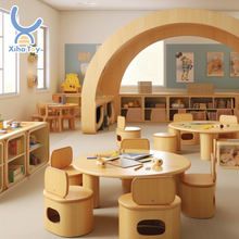 a child's playroom with wooden furniture and bookshelves