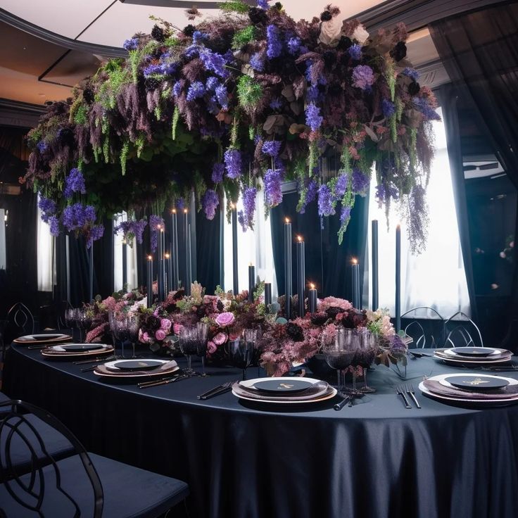 hydrangea black tablecloth, purple flowers, presidium wedding purple wedding black and purple Wisteria And Black Wedding, Black Purple Wedding Decor, Lilac And Dark Blue Wedding, Maleficent Themed Wedding, Wedding Ideas Black And Purple, Lavender And Black Quinceanera Ideas, Black Gold And Lavender Wedding, Black Gold Purple Green Wedding, Black Lavender Wedding