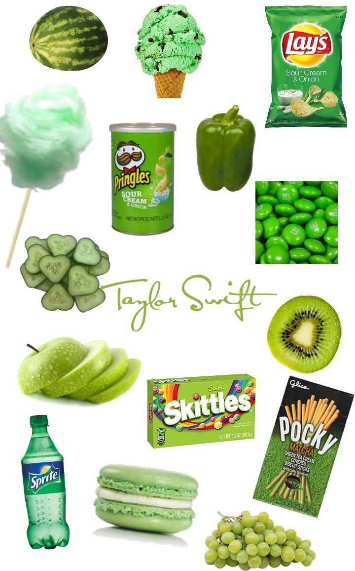 green and yellow food items are arranged in the shape of a collage