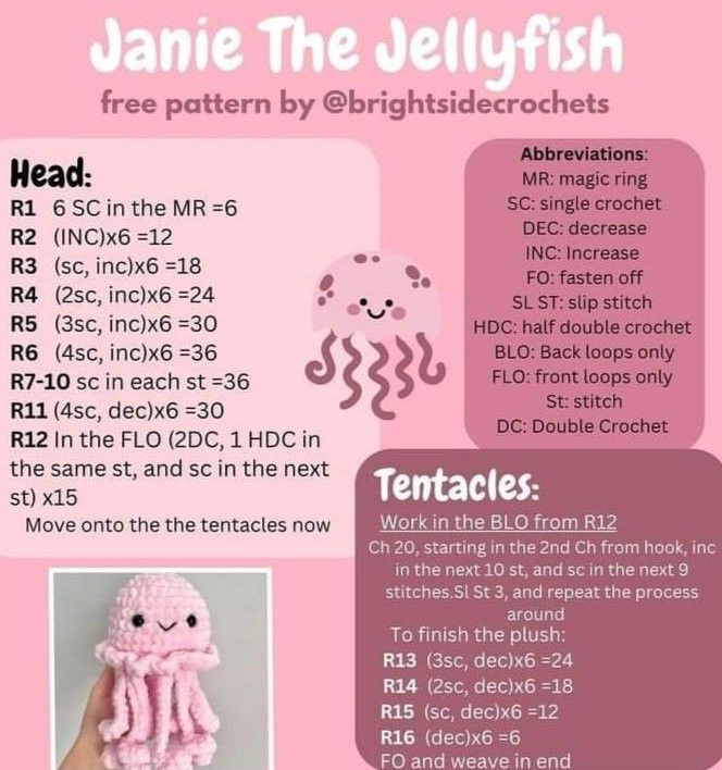 a pink poster with instructions for how to crochet an octopus and jellyfish