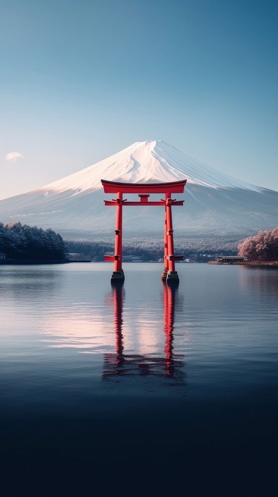 a large body of water next to a mountain with a red gate in the middle