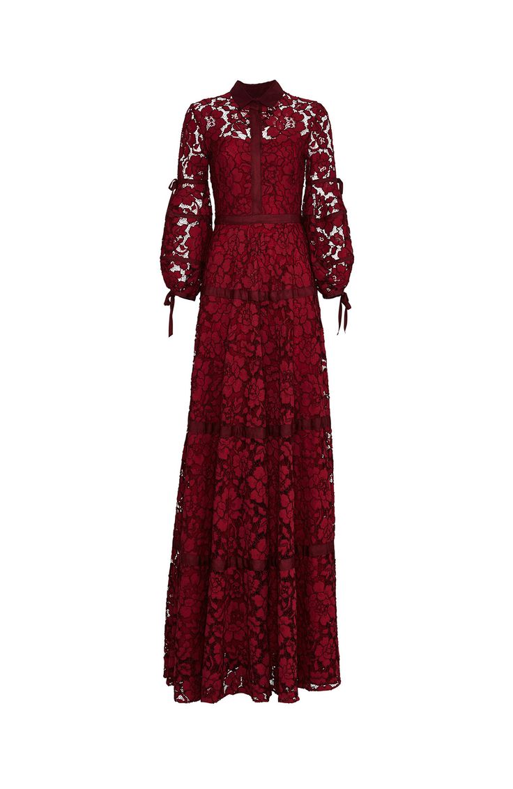 Red Dress Design, Red Lace Gown, Maroon Lace Dress, Simple Long Dress, Merah Maroon, Red Evening Gowns, Gown Floral, Gown Red, Kebaya Dress