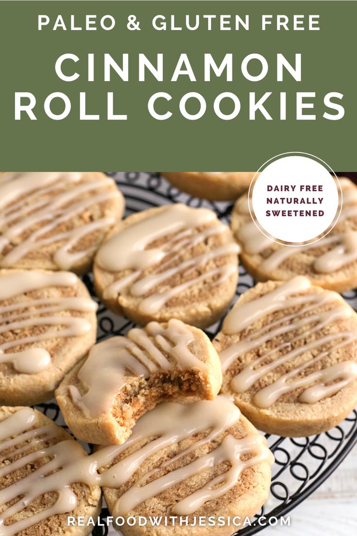 palen and gluten free cinnamon roll cookies on a plate with the title