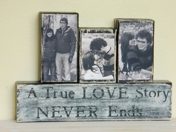 three pictures are placed on a shelf with the words a true love story never ends