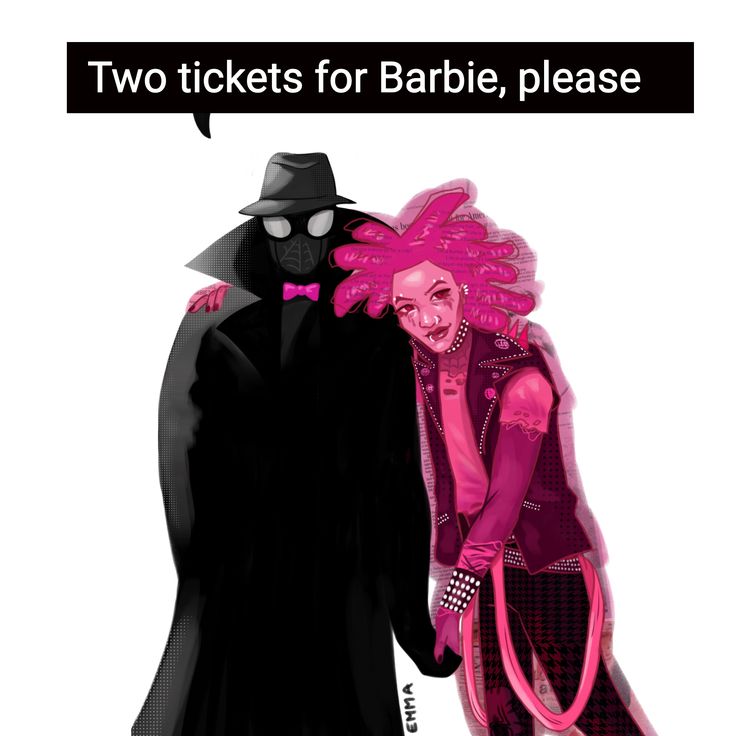 two tickers for barbie, please poster with pink hair and man in top hat