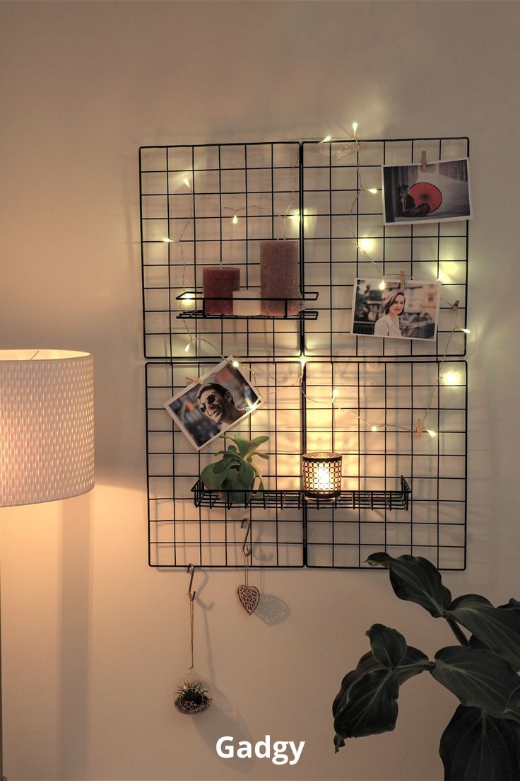 a wall mounted shelf with pictures on it and lights around the top, along with a potted plant