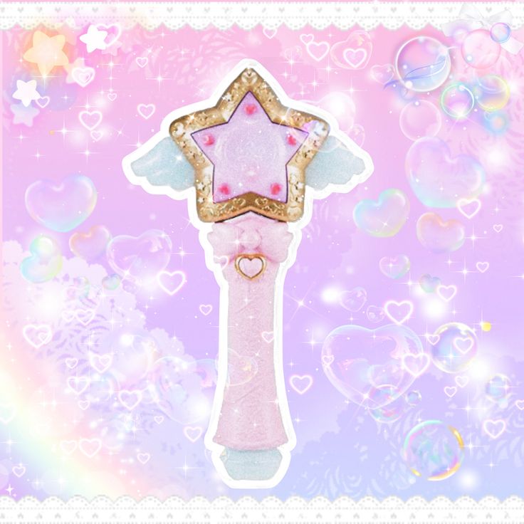 a pink and gold star shaped toothbrush on a purple background with bubbles in the shape of hearts