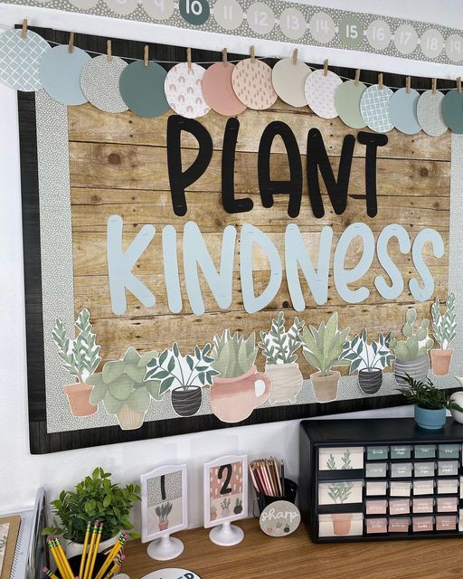 a wooden sign that says plant kindness on the side of a wall with succulents and cacti