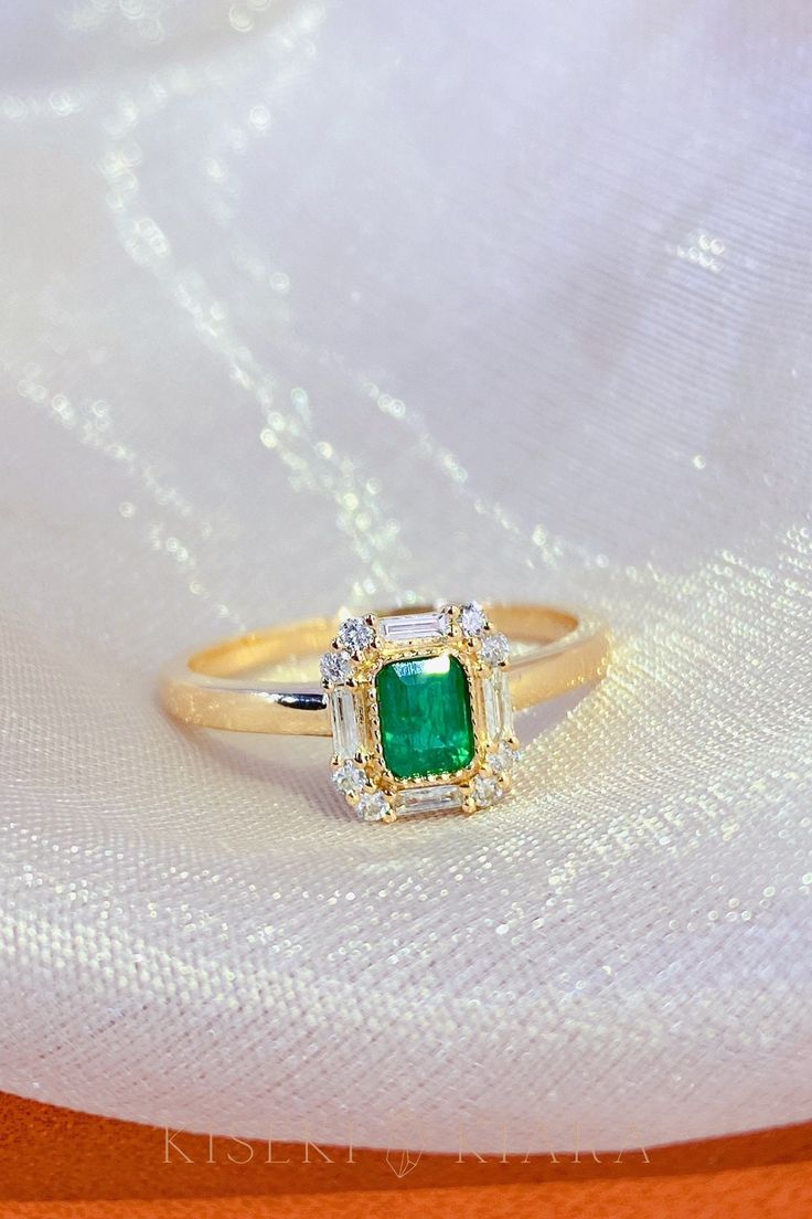 Square Cut Emerald Rings In Gold, Square Cut Emerald Gold Rings, Diamond Ring With Baguette Diamonds And Rectangular Stone, Emerald Cut Crystal Ring With Halo Setting, Rectangular Emerald Ring With Center Stone For Wedding, Anniversary Emerald Ring With Rectangular Stone, Fine Jewelry Rectangular Emerald Ring, Rectangular Emerald Ring With Prong Setting For Promise, Rectangular Emerald Ring With Diamond Accent Stones