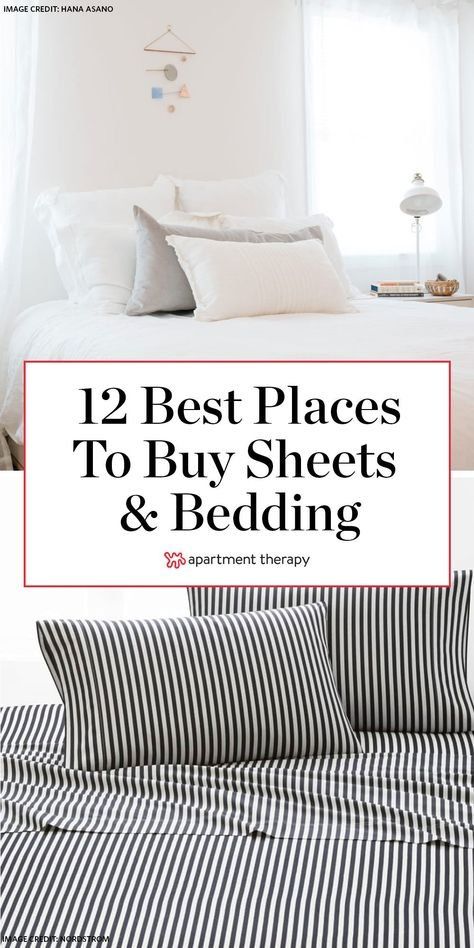 a bed with black and white striped sheets on it, the text reads 12 best places to buy sheets & bedding