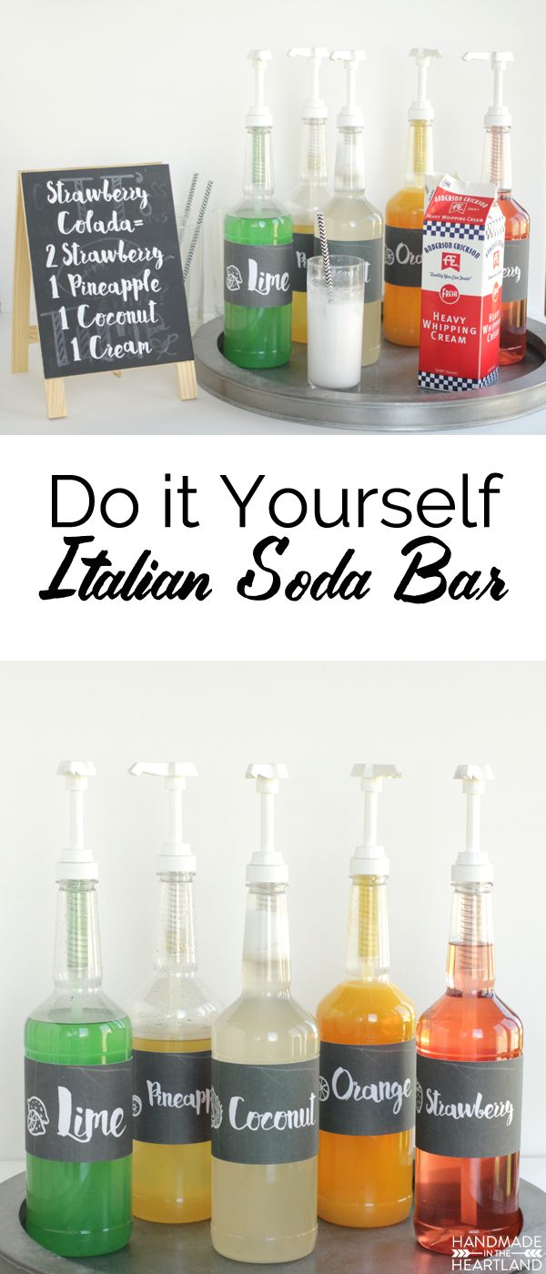 several different types of soaps and lotions on a tray with the words do it yourself italian soda bar