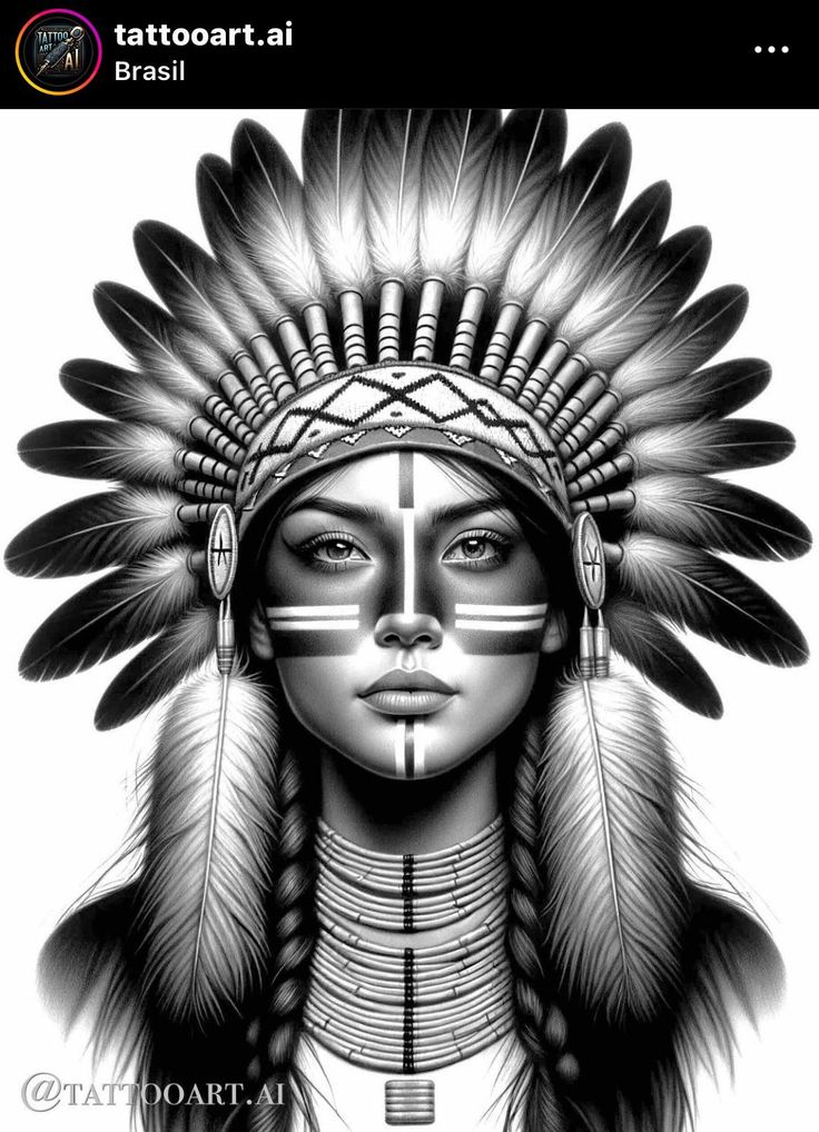 Indian Woman Tattoo, Native American Tattoo Art, Indian Chief Tattoo, Indian Women Tattoo, Indian Girl Tattoos, Native American Tattoo Designs, Indian Tattoo Design, American Indian Tattoos, Native American Tattoo