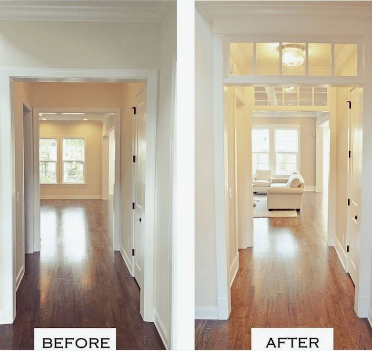 before and after pictures of a home's interior with wood floors, white walls, and hard wood flooring