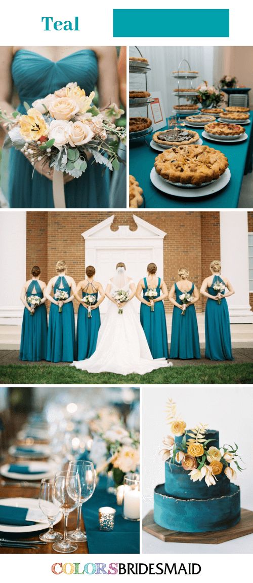 a collage of photos with blue and yellow wedding colors, including teal bridesmaid dresses