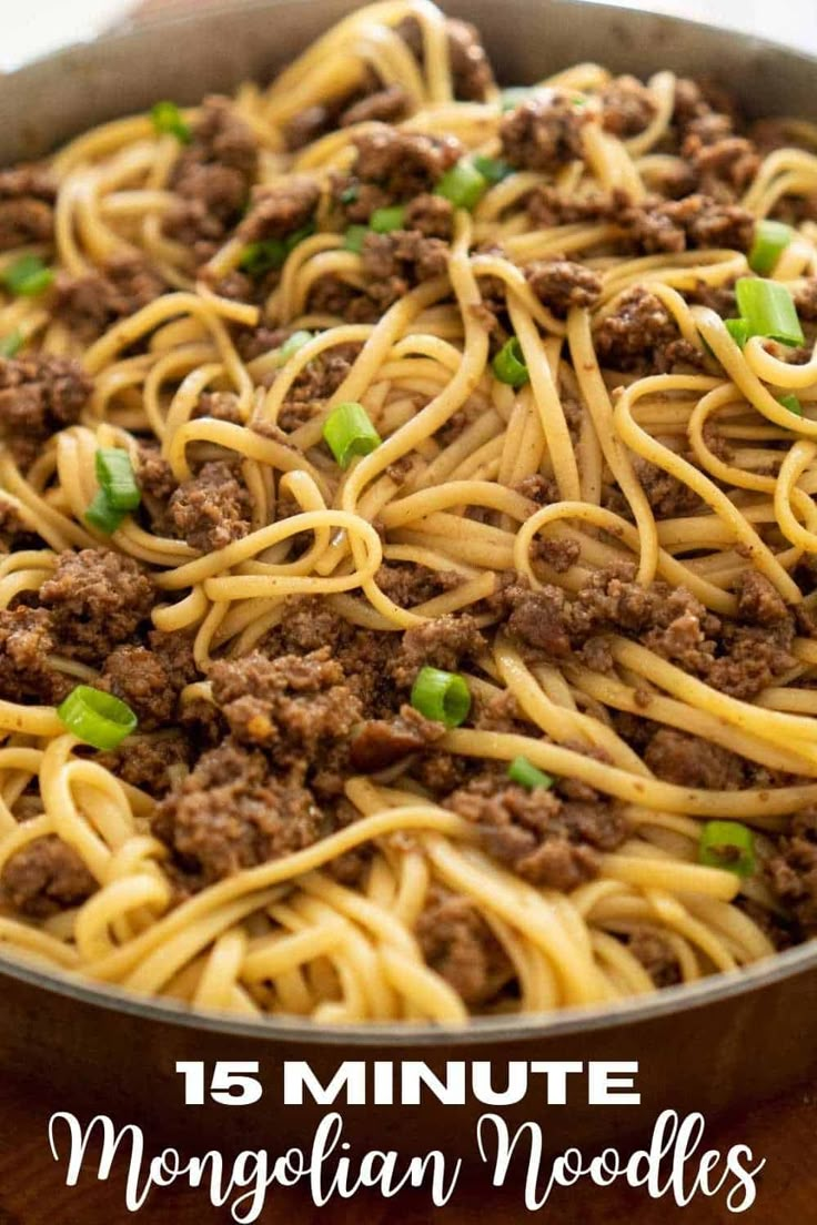 a skillet filled with noodles and ground beef is the perfect meal for busy nights