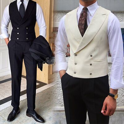 Top Rated Men Double Breasted Vest Formal Peak Lapel Waistcoat Casual Sleeveless Coat Tops, men clothing Mens Vest Suit Outfit, Fancy Vest Men, Dark Blue Vest Outfit Men, Man Coat Design, Coats For Men Wedding, Waist Coat Men Casual, Waist Coat Designs Men, Wescoat Design For Men, Waistcoat For Men