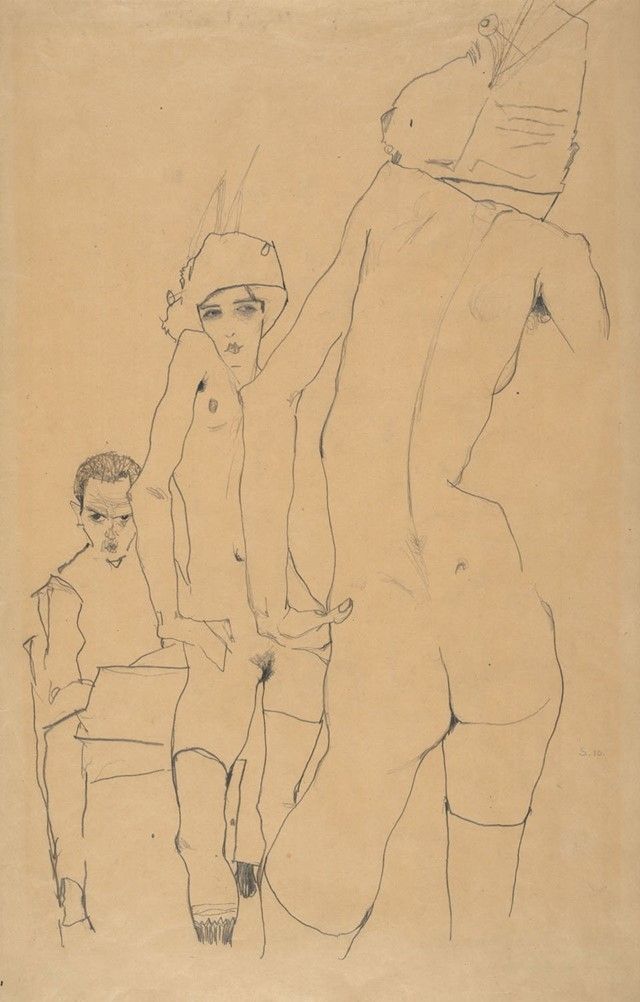 a drawing of two men standing next to each other in front of a beige background