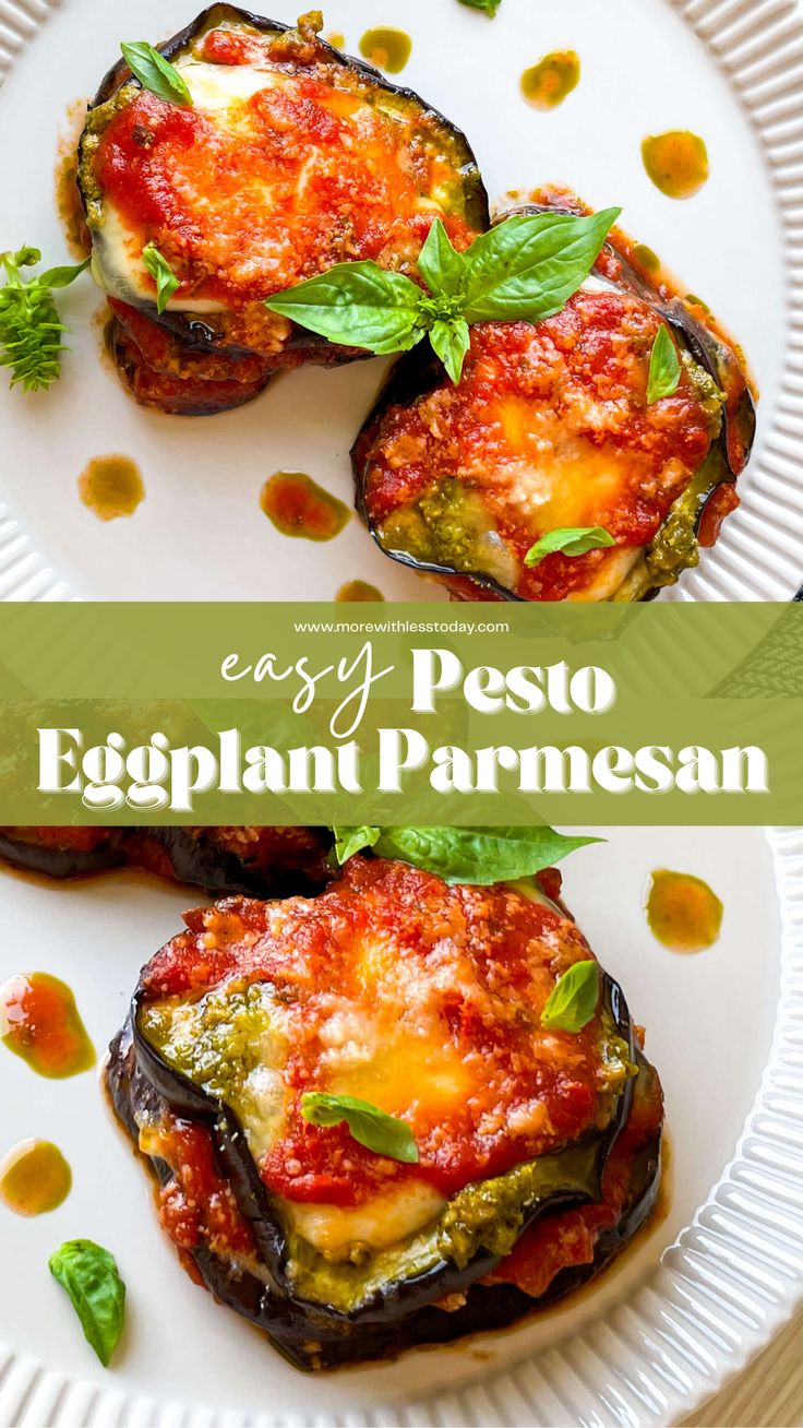 eggplant parmesan stuffed mushrooms on a white plate with text overlay