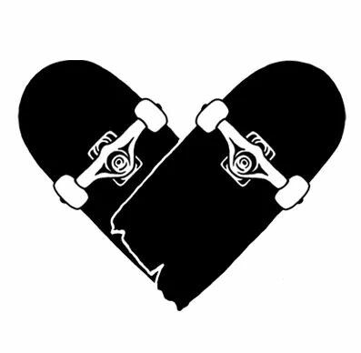 two skateboards in the shape of a heart with eyeballs on them, black and white