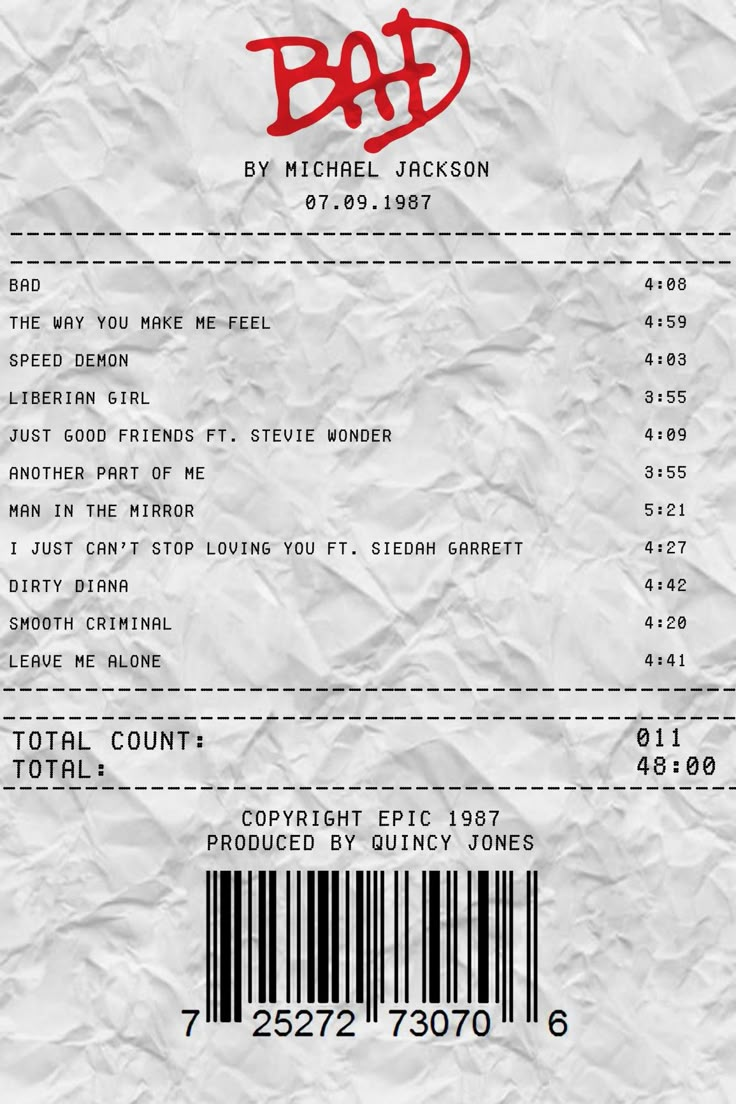 Michael Jackson "BAD" album receipt list #michaeljackson #albumreceipt #aesthestic #bad #badera #applehead #moonwalker Michael Jackson Bad Wallpaper, Music Album Receipts, Receipt Music, Album Receipts Aesthetic, Michael Jackson Bad Album, Music Receipts, Music Receipt, Michael Jackson Aesthetic, Bad Michael Jackson