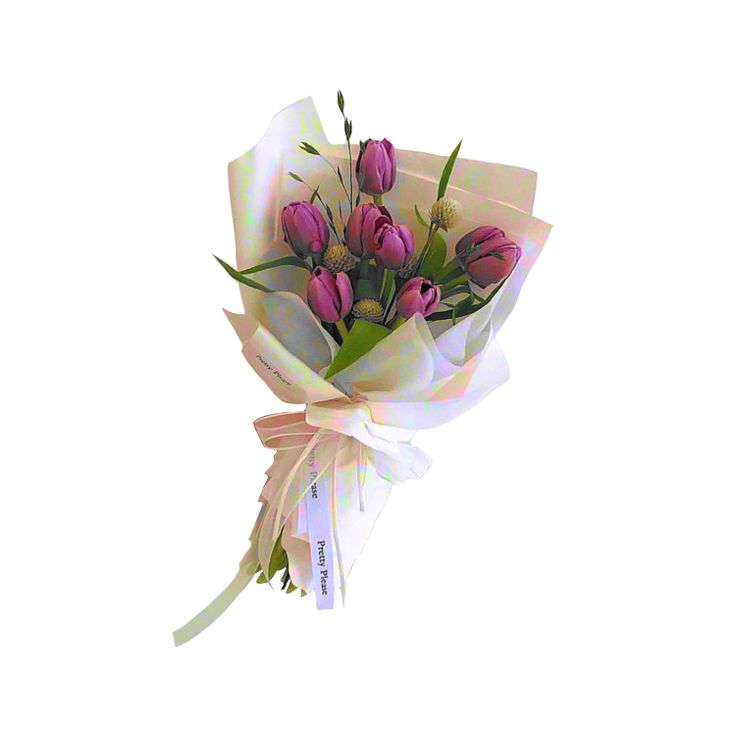 a bouquet of pink tulips wrapped in white paper with a ribbon around it