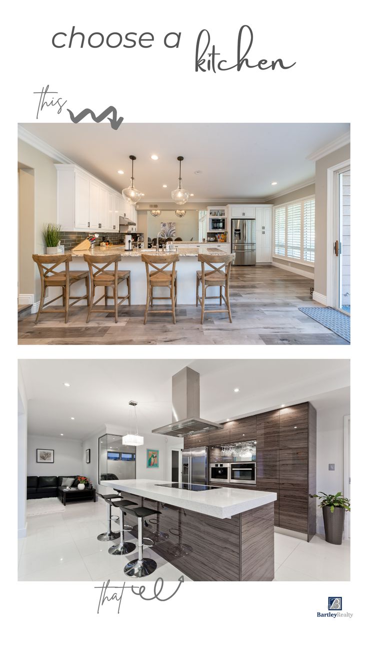 an open concept kitchen and dining room with the words choose a kitchen