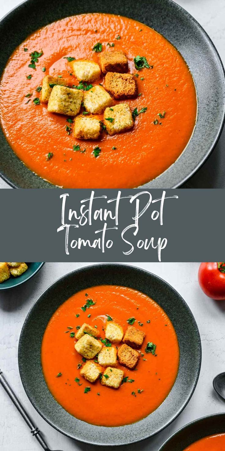 two bowls of tomato soup with croutons and bread on top, one in the middle