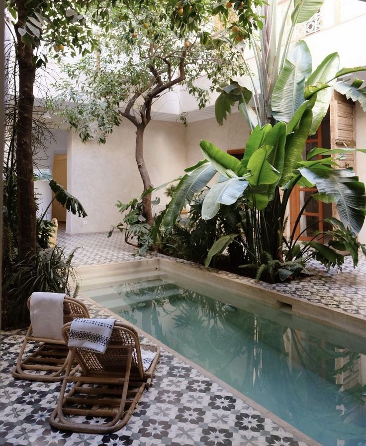 an indoor swimming pool surrounded by greenery and potted plants in a courtyard setting