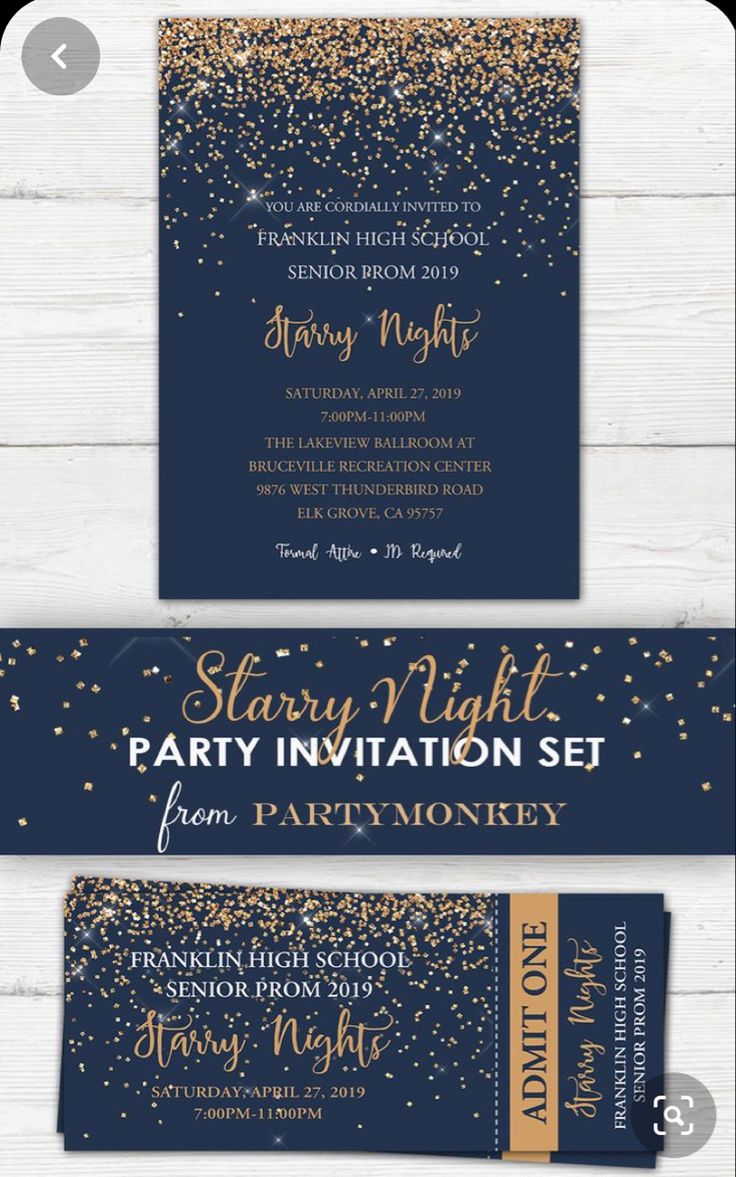 the starr night party invitation set is shown with gold confetti and blue paper