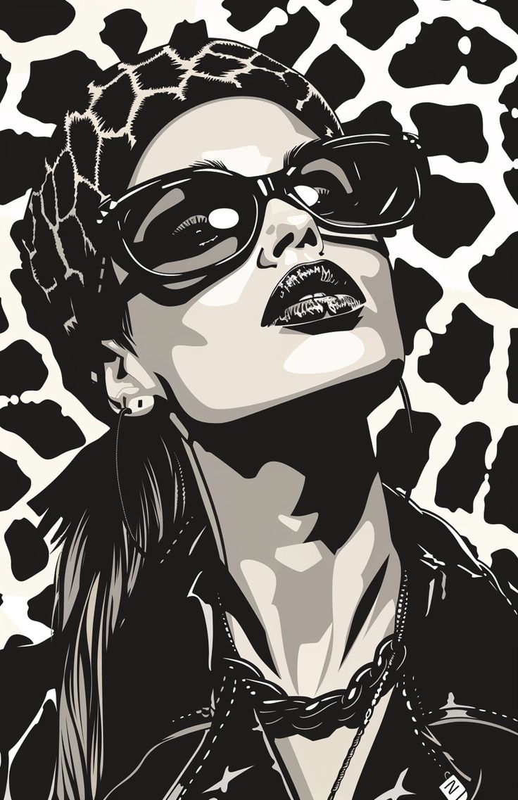 a black and white drawing of a woman wearing sunglasses, with leopard print in the background