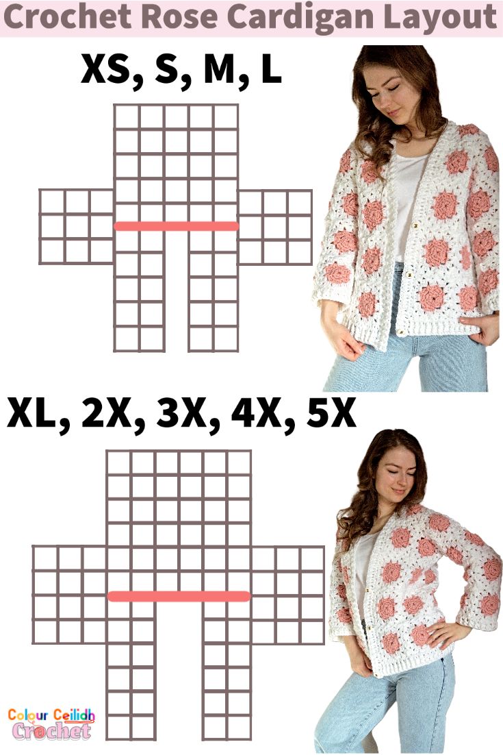 the crochet rose cardigan layout is shown