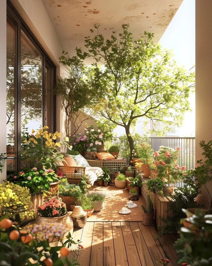 a porch with lots of potted plants on the floor and trees in the background