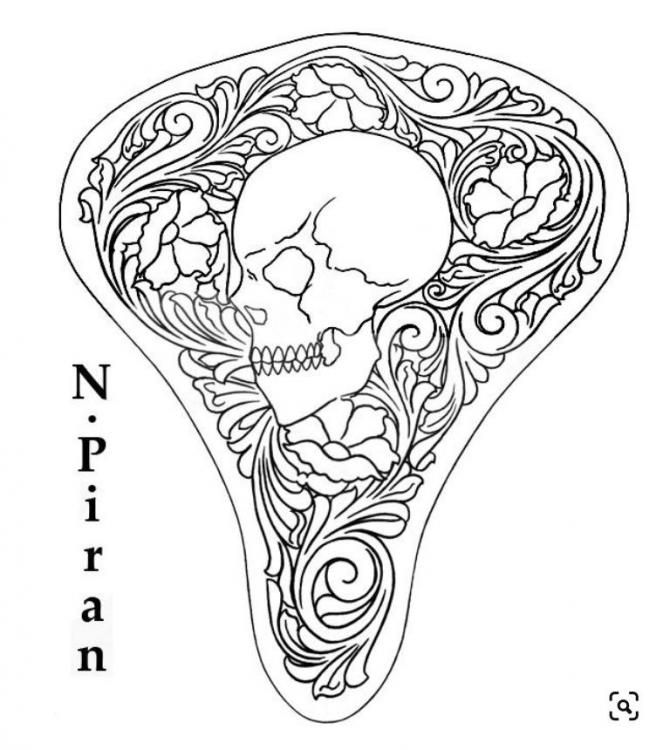 a black and white drawing of a skull in the center of a ring with flowers on it