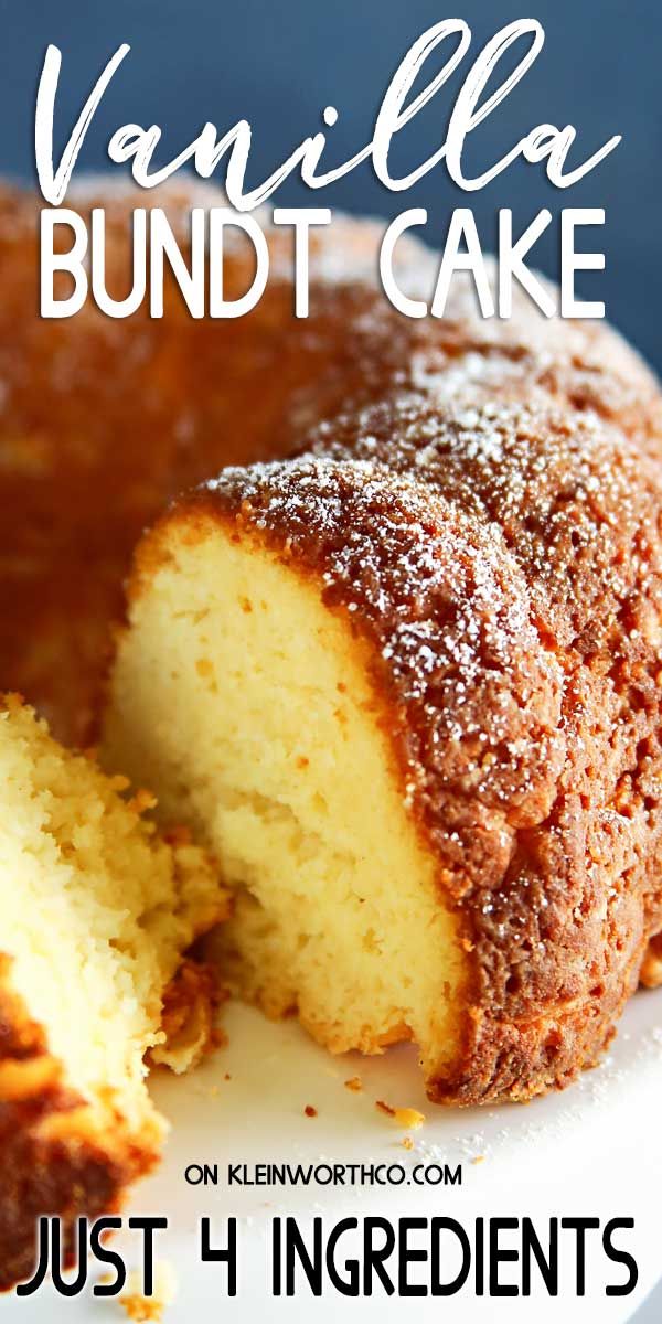 vanilla bundt cake on a white plate with the words just 4 ingredients below it