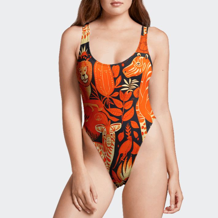 Orange Jungle One-Piece Swimsuit Tropical Print Tropical Style Bodysuit For Pool, Tropical Print Bodysuit For Pool, Tropical Printed Bodysuit For Vacation, Printed Tropical Bodysuit For Vacation, Orange One-piece Bodysuit For Pool, Summer Orange Bodysuit For Swimming, Orange One-piece Bodysuit For Beach Season, Orange One-piece Bodysuit For Beach, Summer Swimming Bodysuit In Orange