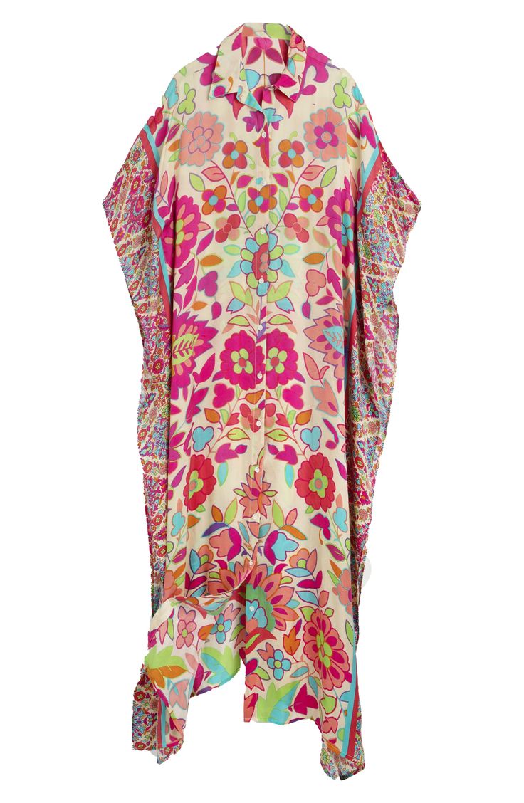 Hit the beach or kick it poolside in this flowy kaftan that features an allover floral pattern, kimono-inspired sleeves and an uneven hem. Johnny collar Kimono-inspired sleeves 100% viscose Hand wash, line dry Imported Multicolor Silk Kimono For Beach Cover-up, Multicolor Silk Printed Tunic, Summer Silk Pink Kimono, Flowy Multicolor Tunic Cover-up, Casual Silk Kimono For Summer, Patterned Kaftan For Summer Beach Cover-up, Summer Multicolor Silk Kimono, Silk Floral Print Kaftan For Beach Cover-up, Multicolor Silk Beachwear Kimono