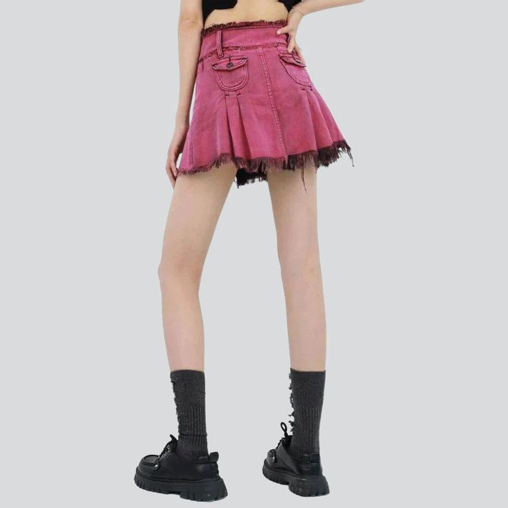 Introducing the 2023 Summer Collection's Pink Plaited Mini Denim Skirt ââ‚?the perfect balance of vogue style and conventional street!Why You'll Love ItThis mid-rise skirt is designed to make a statement ââ‚?with its plaited pattern. mini length. and torn denim. it's sure to be the star of your wardrobe. And with its versatile design. you can wear it with combat boots. heels. or your favorite sneakers. Plus. the zipper and button closure ensures you get both comfort and fashion with every wear.D Pink Denim Mini Length Bottoms, Punk High-waist Denim Skirt With Pockets, Punk High Waist Denim Skirt With Pockets, Punk Style Mini Denim Skirt For Summer, Trendy High-waist Skort For Streetwear, Y2k High-waist Tennis Skirt For Spring, Y2k High Waist Tennis Skirt For Spring, Trendy High Waist Skort For Streetwear, Mini Pleated Skirt For Streetwear