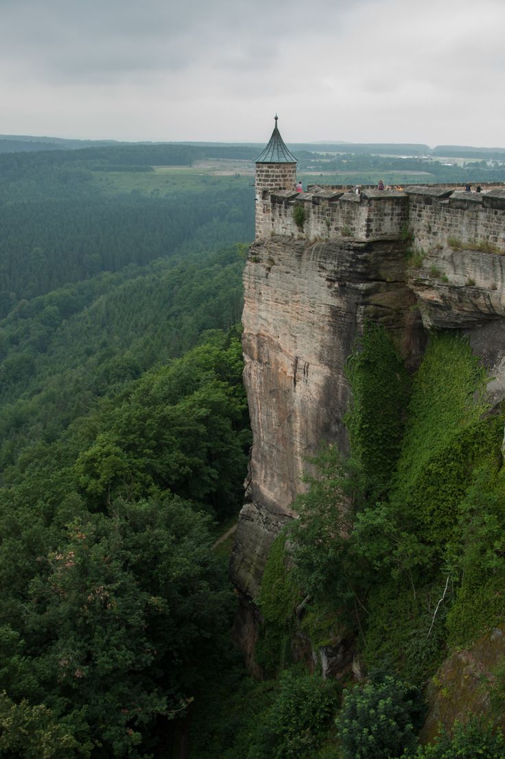 an old castle perched on top of a cliff in the middle of a lush green forest