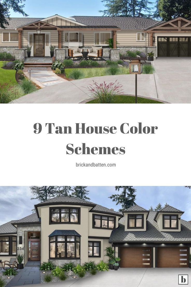 the front and back side of a house with text that reads, 9 tan house color schemes